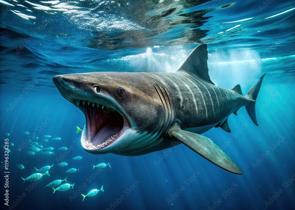 Naklejka premium Basking Shark: Gentle Giant of the Ocean Depths - Minimalist Underwater Photography