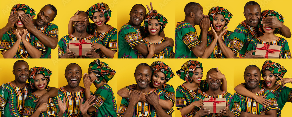 Fototapeta premium This lively collage captures a happy couple showcasing their affection in colorful traditional attire. Their cheerful expressions reflect love and joy, perfect for any celebration.