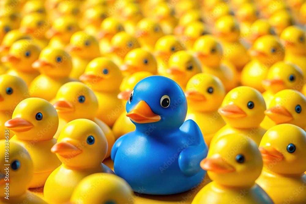 Blue Rubber Duck: Standing Out From the Crowd - Uniqueness, Individuality Concept Stock Photo Blue Rubber Duck: Standing Out From the Crowd - Uniqueness, Individuality Concept Stock Photo