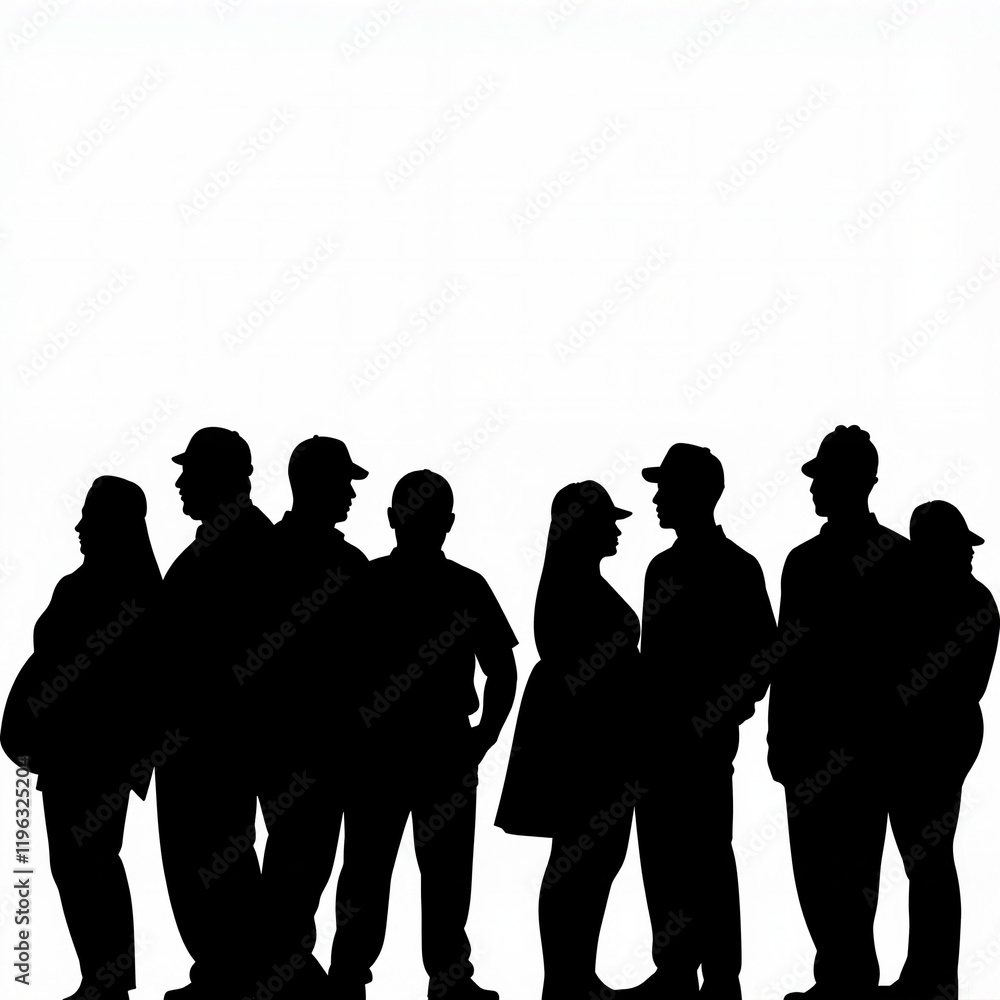 Silhouettes of assembly line workers in discussion, unity and labor Silhouettes of assembly line workers in discussion, unity and labor