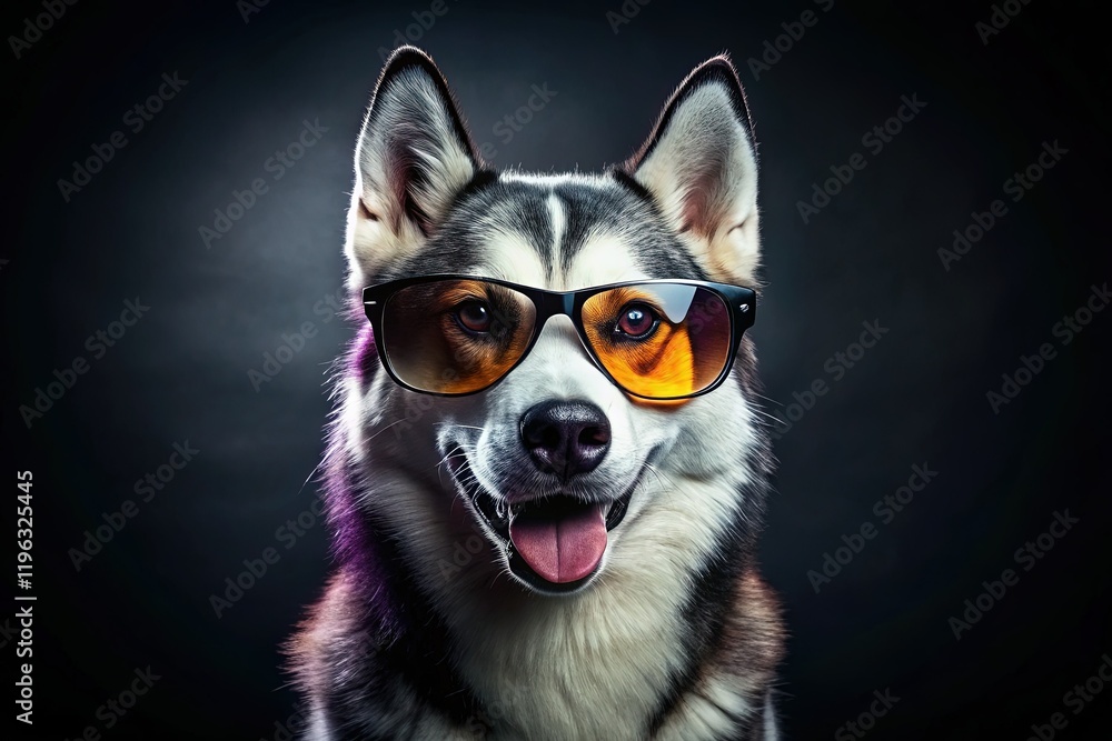 Cool Husky Dog Wearing Sunglasses, Dark Background, Playful Vibe - Stock Photo Cool Husky Dog Wearing Sunglasses, Dark Background, Playful Vibe - Stock Photo