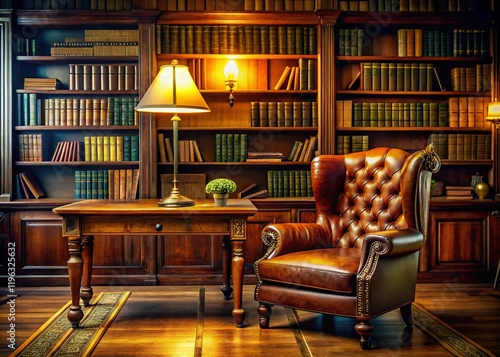 Wallpaper Mural Cozy Library Office: Leather Chair, Wooden Desk, Bookshelves, Warm Lamp - Stock Photo Torontodigital.ca