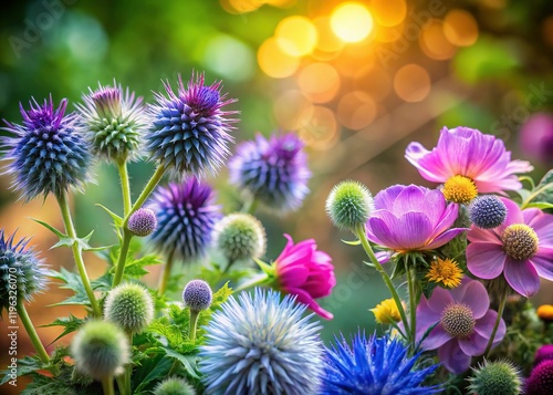 Delicate Thistle & Campanula Flower Arrangement,  Left-Aligned Copy Space, Summer Bloom Stock Photo photo