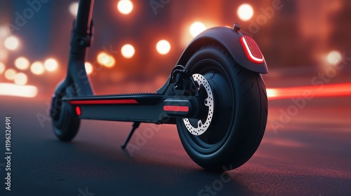 Black and red scooter on a road at night with wheels designed with modern technology