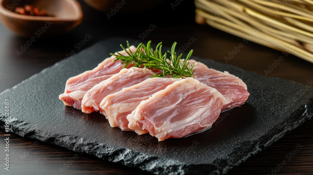 Raw duck meat served on black stone plate on wooden background Raw duck meat served on black stone plate on wooden background