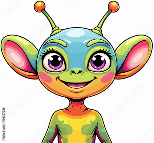 Cheerful Cartoon Alien Character with Colorful Features and Big Eyes on White Background