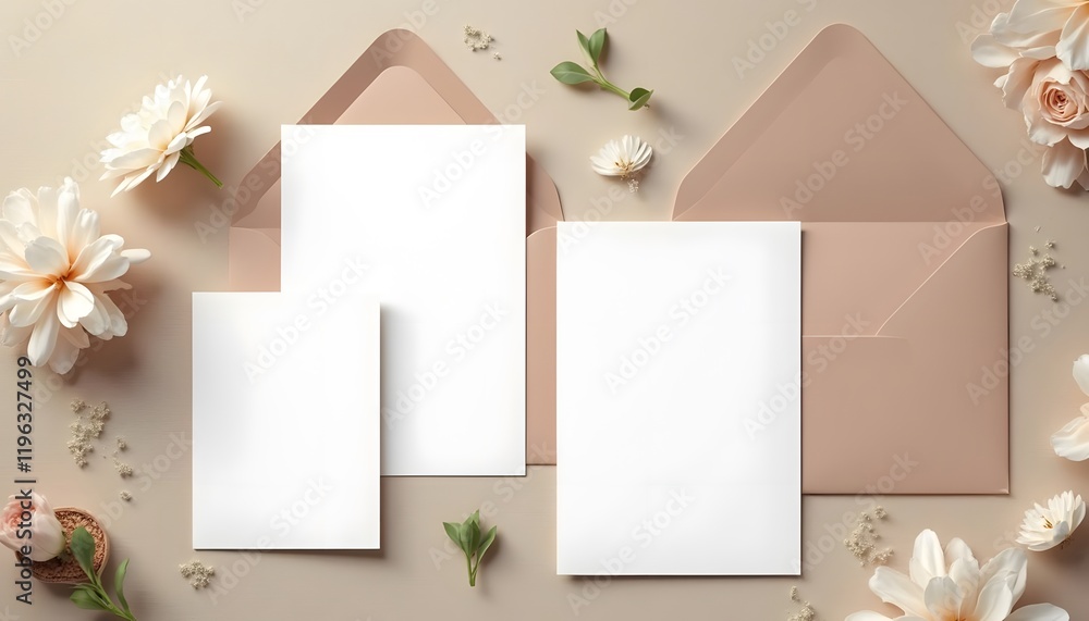 Blank invitation paper envelope and cards in a neutral beige and brown tones, accented with white flowers, flat lay mockup Blank invitation paper envelope and cards in a neutral beige and brown tones, accented with white flowers, flat lay mockup