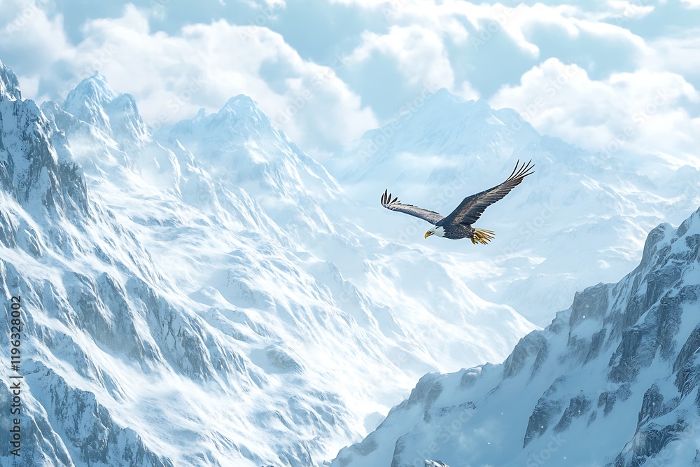 Majestic Eagle Soaring Over Snowy Mountains: A Breathtaking Aerial View