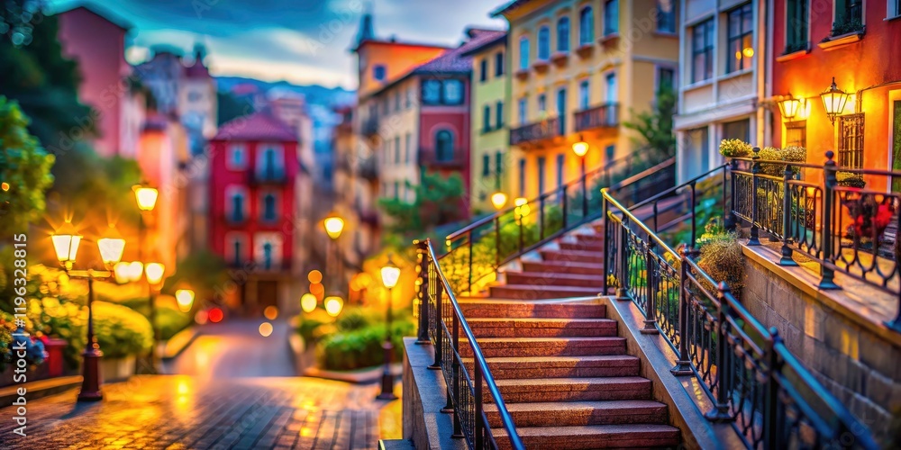 Fototapeta premium Rail-lined staircase balcony transforms into a whimsical miniature city, via AI tilt-shift artistry.