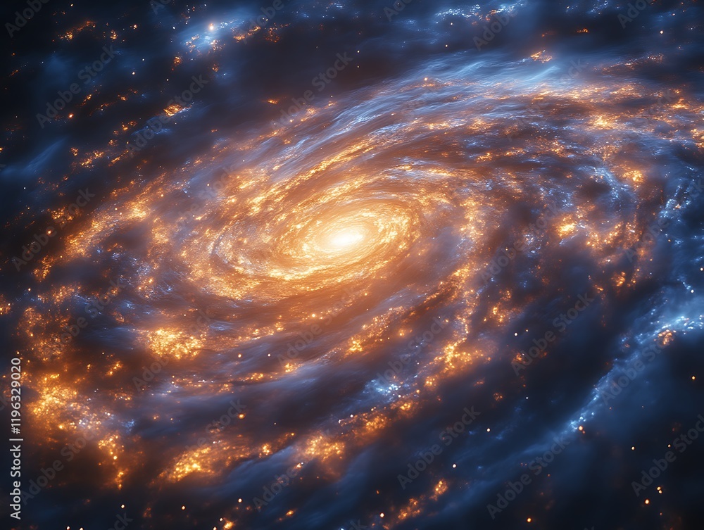 Fototapeta premium Fiery spiral galaxy swirling in cosmic dust and gas.