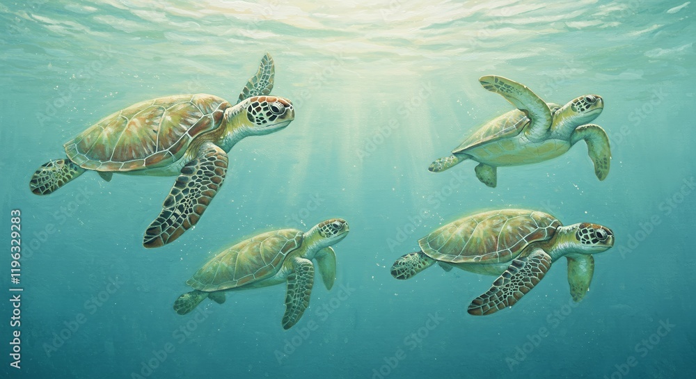 Fototapeta premium Peaceful Green Sea Turtles Underwater Ocean Wildlife Painting Art Calm Shell Color Image Photo Marine Animal 