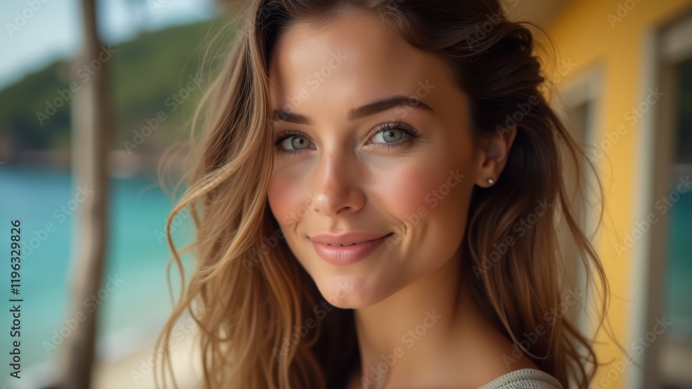 A woman with long brown hair and blue eyes smiles at the camera A woman with long brown hair and blue eyes smiles at the camera