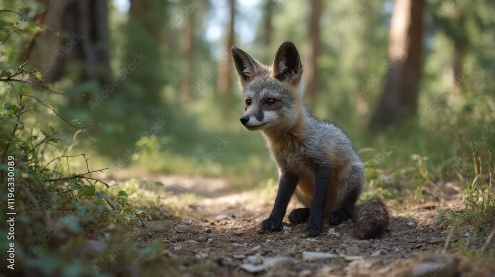 Fototapeta premium A small fox sitting on a dirt road in the woods