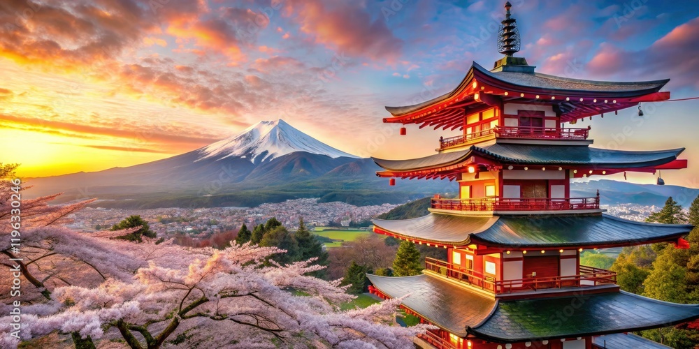 Fototapeta premium Stunning Asian nature photography: Rule of thirds elevates Japan's cherry blossoms, Fuji, temples, and rice paddies.