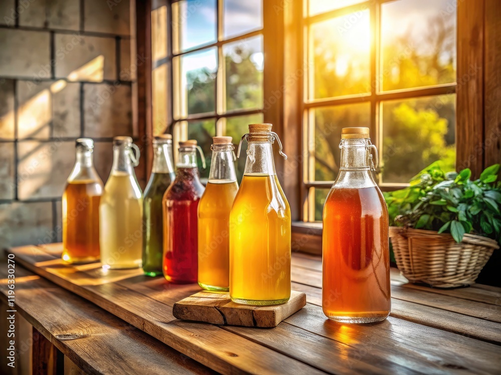 Stylish glass kombucha bottles bask in sunlight on a wooden countertop. Stylish glass kombucha bottles bask in sunlight on a wooden countertop.