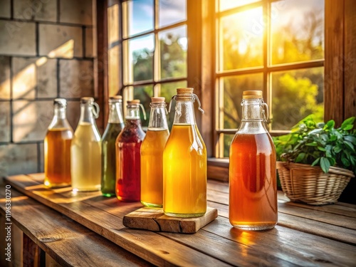 Wallpaper Mural Stylish glass kombucha bottles bask in sunlight on a wooden countertop. Torontodigital.ca