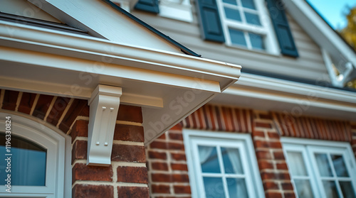 Close-up view of a charming house's exterior, showcasing its brick facade, white gutters, and elegant architectural details. The image highlights the beauty of residential design and construction. photo