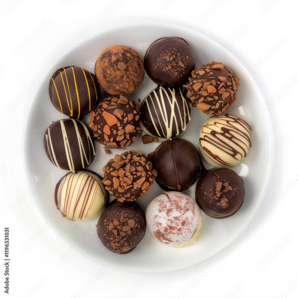 A plate of artisanal chocolate truffles with assorted fillings, isolated white background, contemporary art style A plate of artisanal chocolate truffles with assorted fillings, isolated white background, contemporary art style