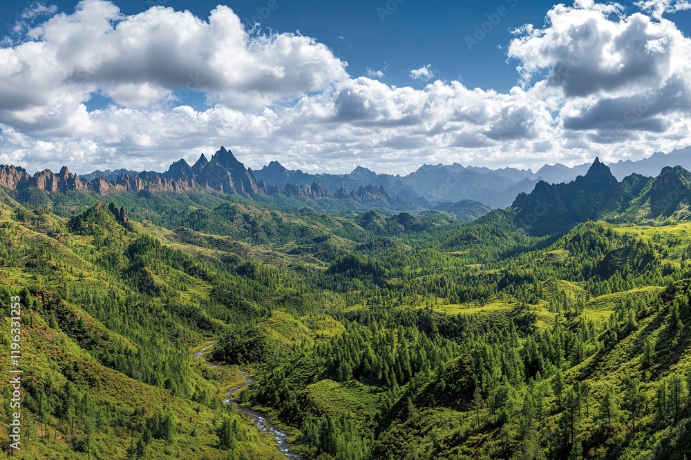Naklejka premium Majestic Green Mountains: A Panoramic Vista of Serene Nature's Beauty, Lush Foliage and Tranquil 