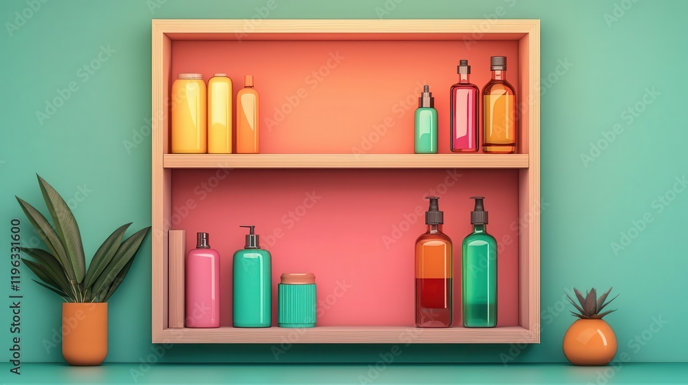 Medicine cabinet with neatly arranged glowing bottles, organization theme, 3D illustration Medicine cabinet with neatly arranged glowing bottles, organization theme, 3D illustration