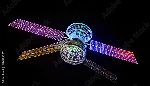  colorful neon light satellite, black background