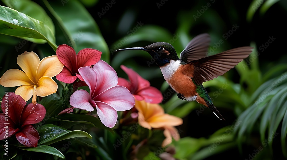 Naklejka premium A vibrant hummingbird hovering near colorful tropical flowers in a lush garden setting
