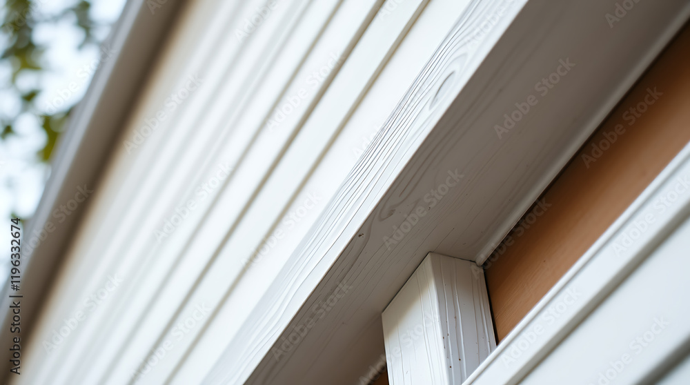 Obraz premium White House Exterior with Clean Lines and Modern Design. High-Quality Wood Siding and Elegant Architectural Details. Perfect for Real Estate and Home Improvement.
