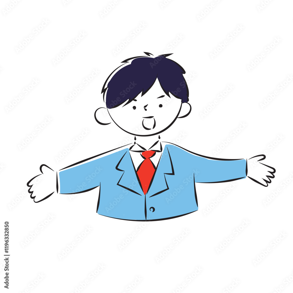 Simple hand-drawn illustration of a male student wearing a blazer with his arms outstretched. Simple hand-drawn illustration of a male student wearing a blazer with his arms outstretched.