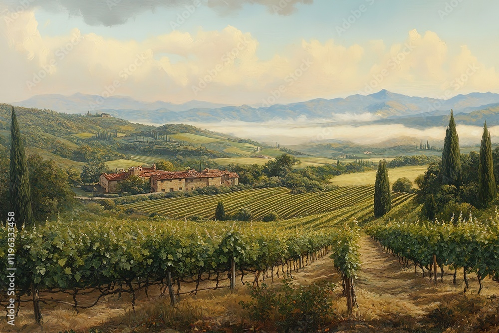 Naklejka premium Sun-drenched Vineyard Panorama: Rolling Hills, Lush Vines, Scenic Beauty sky view wine farm calm
