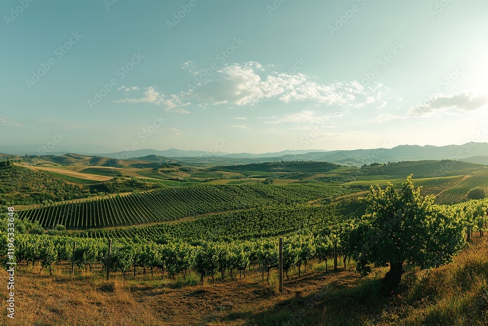 Sun-drenched Vineyards and Orchards Panoramic View, Lush Green Landscape sky wine calm rural fruit Sun-drenched Vineyards and Orchards Panoramic View, Lush Green Landscape sky wine calm rural fruit