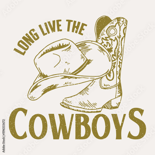 Vintage western wild west cowboys texas rodeo illustration print with retro typography slogan text for graphic tee t shirt sweatshirt hoodie and poster - Vector