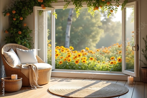 Cozy Indoor-Outdoor Living Space Featuring Open French Doors, Vibrant Yellow Flowers, Rustic Wicker Furniture, Candlelit Accents, and Natural Sunlight