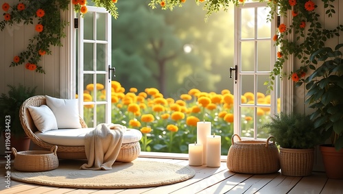 Cozy Indoor-Outdoor Living Space Featuring Open French Doors, Vibrant Yellow Flowers, Rustic Wicker Furniture, Candlelit Accents, and Natural Sunlight