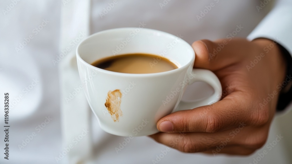 72.A detailed shot of a person’s right hand holding an empty white coffee cup with a small tilt, revealing a prominent brown coffee stain on the front of their white shirt. The stain is fresh and 72.A detailed shot of a person’s right hand holding an empty white coffee cup with a small tilt, revealing a prominent brown coffee stain on the front of their white shirt. The stain is fresh and