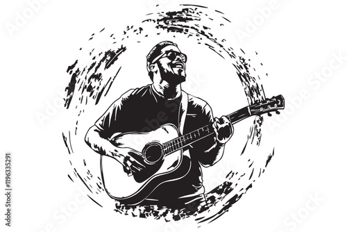 2D vector of a street musician performing, framed by a hand-drawn circular design