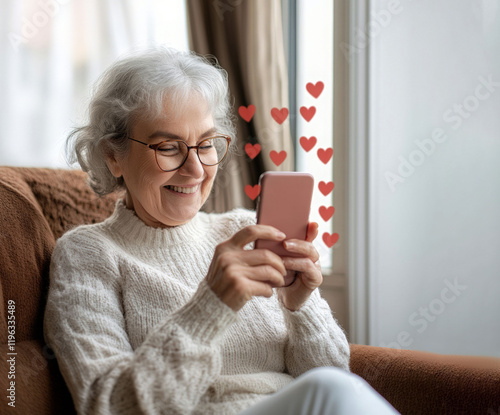  Smiling senior woman uses his phone ,connecting with loved ones or enjoying a dating app. Valentine's Day. Compliment day. Online  communication, dating,love, technology, and aging concept photo