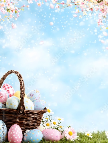 Vibrant easter-themed basket with colorful eggs spring landscape digital background cheerful atmosphere