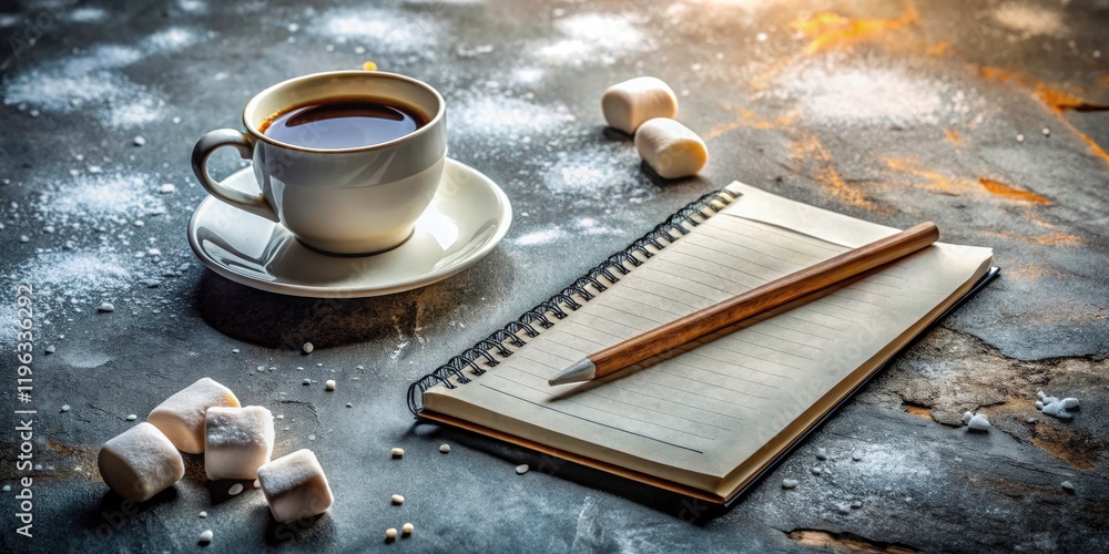 Obraz premium Gritty urban backdrop frames a still life: coffee, notebook, pencil, marshmallow.
