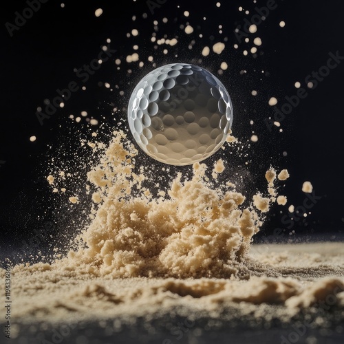 The golf ball hits the sand, creating splashes of dirt and powder.