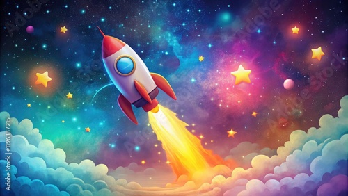 Fototapeta Naklejka Na Ścianę i Meble -  Kids' space adventure: A vibrant rocket ship zooms through nebulae and planets, exploring the starry night.