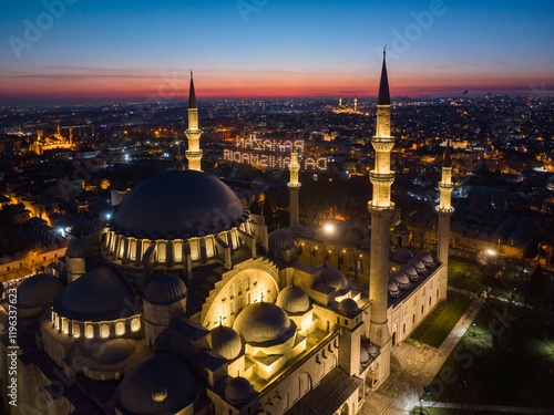 Photography Drone Photo of Illuminated Letters (Mahya) Between Minarets in Suleymaniye Mosqu