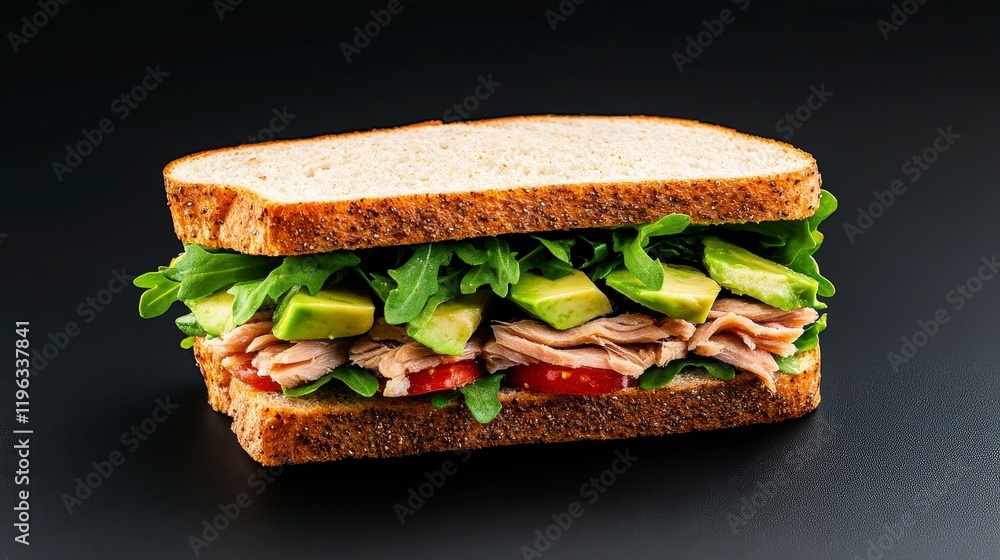 Freshly made turkey sandwich with avocado, tomato, and arugula on whole grain bread Freshly made turkey sandwich with avocado, tomato, and arugula on whole grain bread