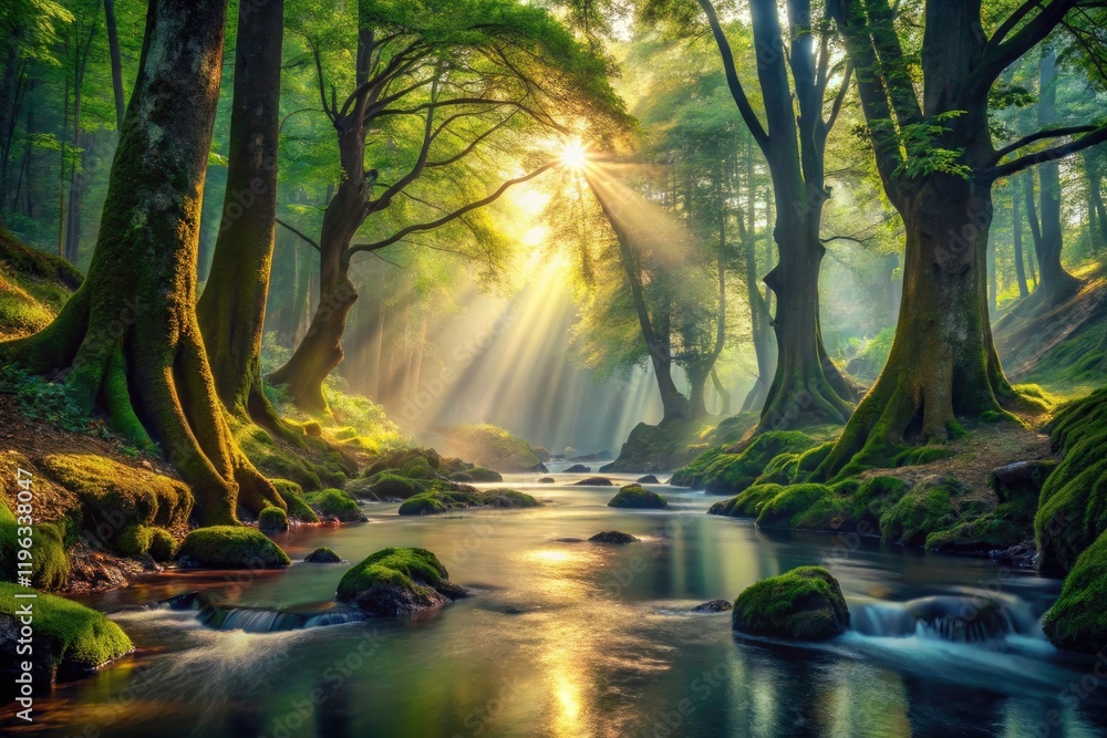 Obraz premium Magical river flows through a dreamlike enchanted forest; fantasy nature photography.