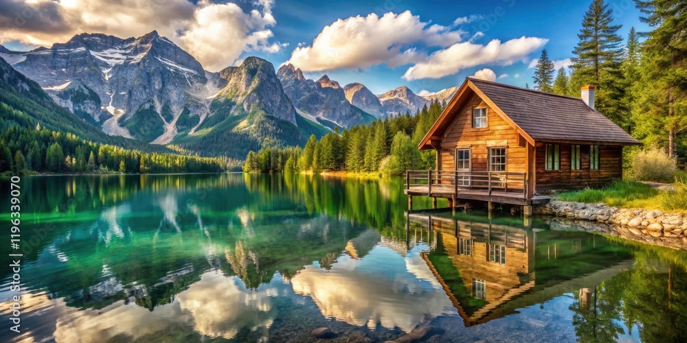 Fototapeta premium Mountain view lake house basks in sunlight; a stunning high-resolution image.