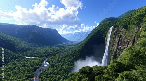 Lush Waterfall in Mountain Valley