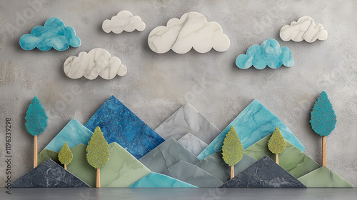 Modern art wall frame landscape with blue, gray, green, and turquoise mountains marble. Trees and clouds for wall decor photo