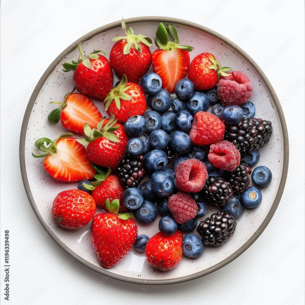 Obraz premium A plate of assorted berries including strawberries and blueberries, isolated white background, modern art style