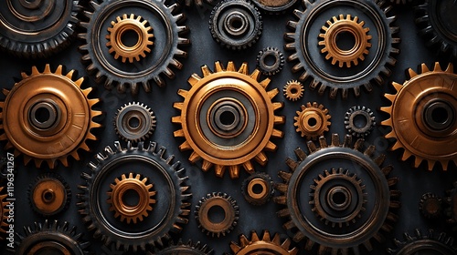 Wallpaper Mural Interlocking gears, bronze, dark background, mechanism, industry Torontodigital.ca