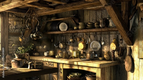Rustic kitchen filled with various utensils and pottery.