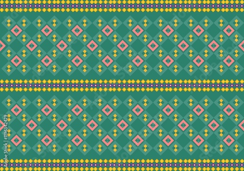 Emerald Ethnic Harmony: vibrant geometric pattern inspired by traditional ethnic designs, featuring a rhythmic arrangement of pink diamonds, golden accents, and colorful borders 
